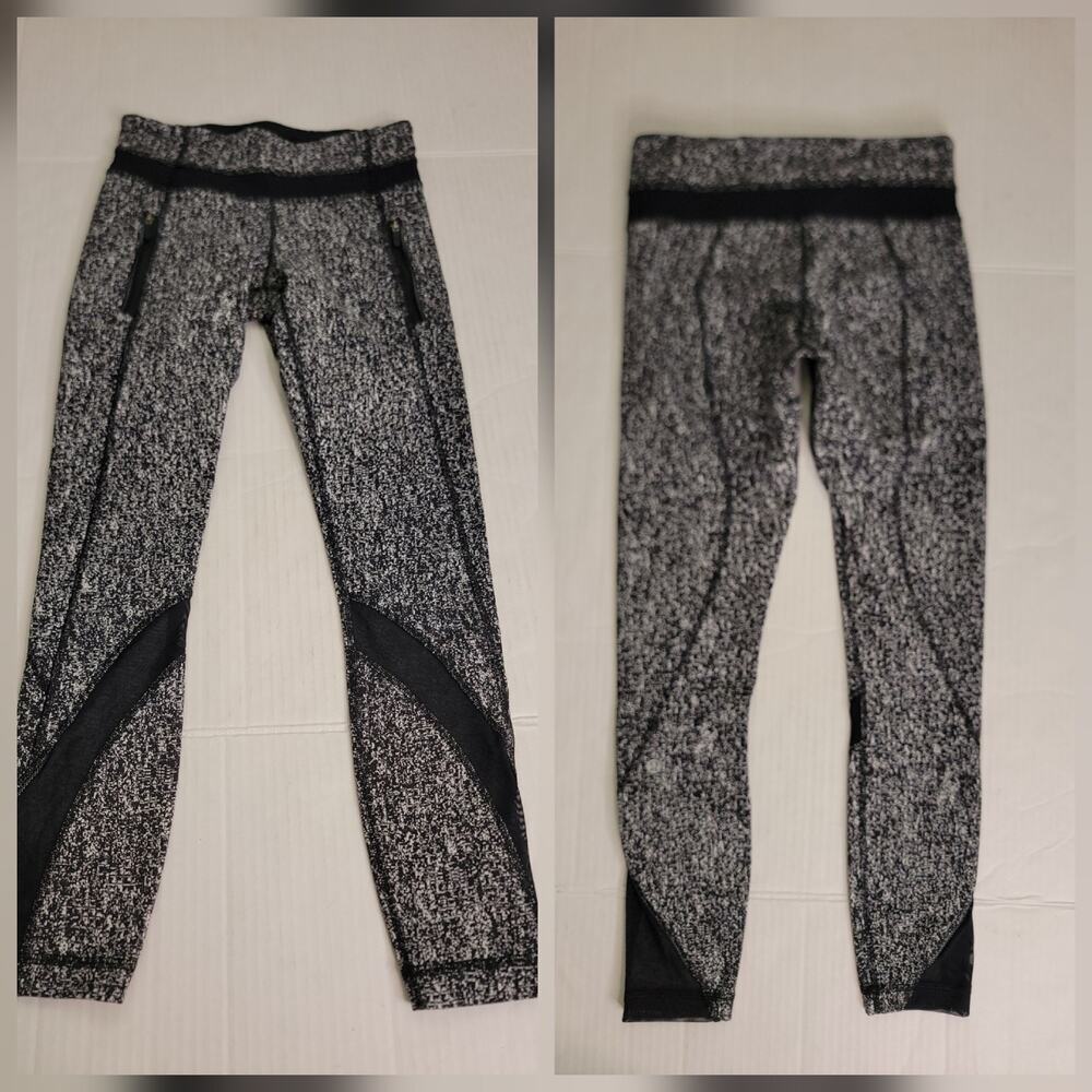 Lululemon SZ 4 Womens Inspire Leggings Black White Mid Rise 7/8 Pockets Logo